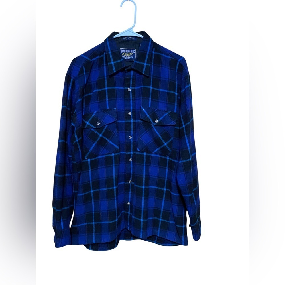 Backpacker Outdoors Large Black & Blue Plaid Button Front Long Sleeve Shirt.